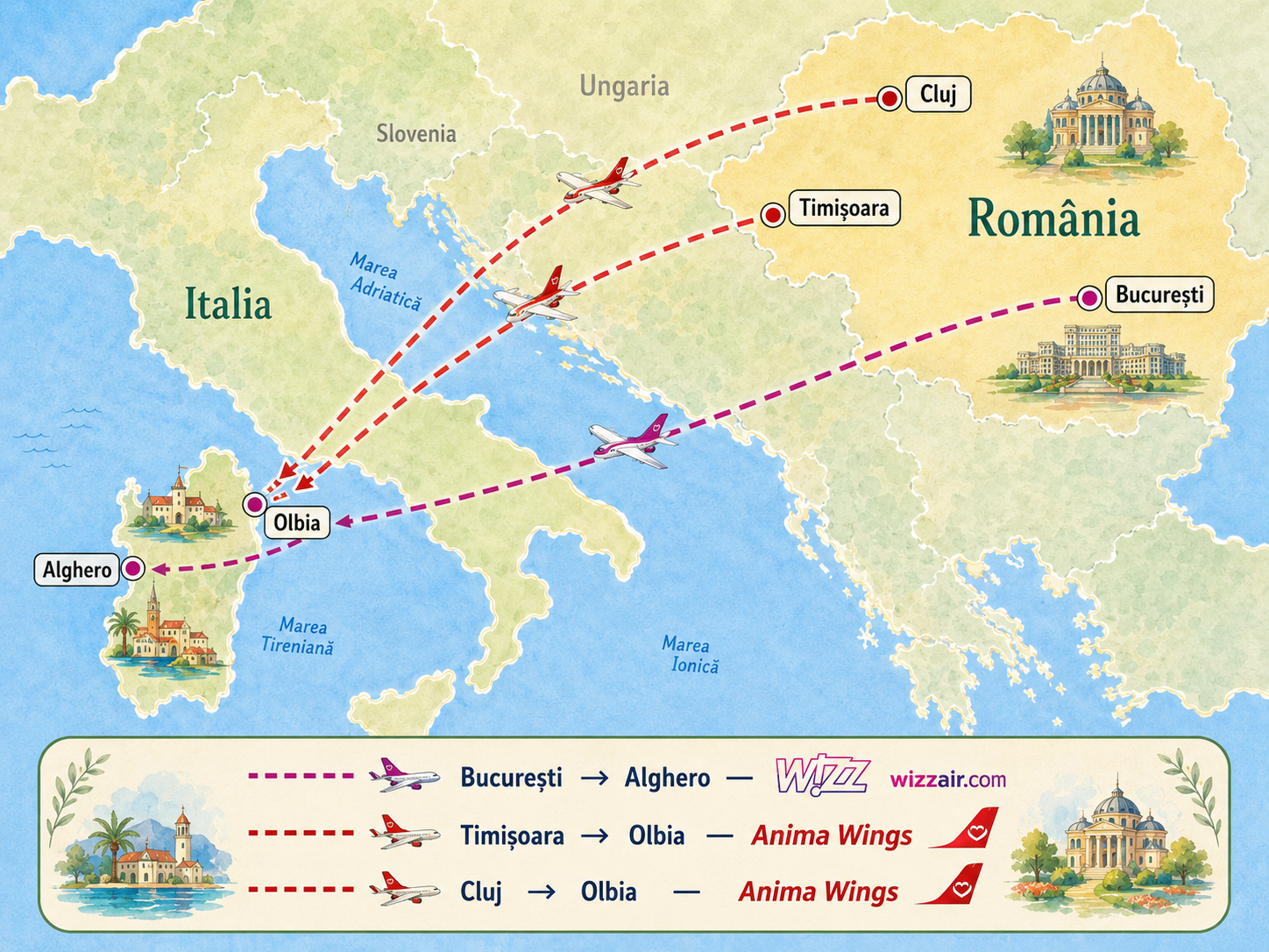 România Sardinia cu avionul